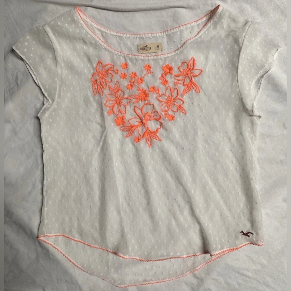 Hollister Y2K Full Sheer Embroidered Over Sized Top SZ.M Scoop Neck Cap Sleeeve